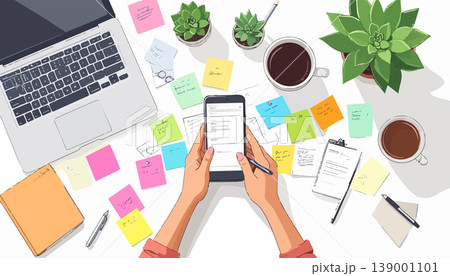 Person busy working, planning with mobile phone 139001101