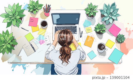 Woman experiencing work stress with hands on head 139001104