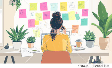Woman organizing tasks working from home office desk Woman organizing tasks working from home office desk 139001106