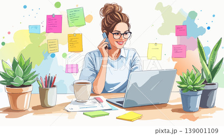 Businesswoman talking on phone working from home office 139001109