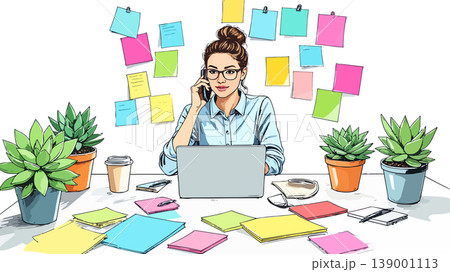 Businesswoman multitasking talking on phone and working at desk Businesswoman multitasking talking on phone and working at desk 139001113