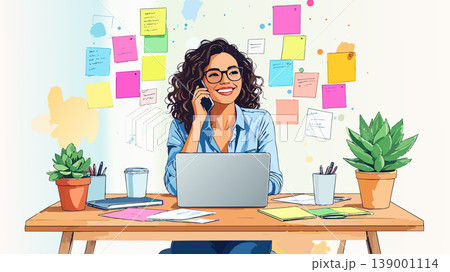 Businesswoman talking phone working online organizing ideas 139001114