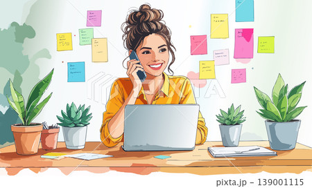 Smiling woman talking on phone working at desk Smiling woman talking on phone working at desk 139001115