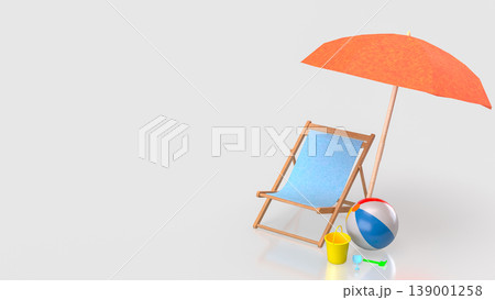 Relaxing Summer Beach Setup with Chair Umbrella and Colorful Accessories 3d render. Relaxing Summer Beach Setup with Chair Umbrella and Colorful Accessories 3d render. 139001258
