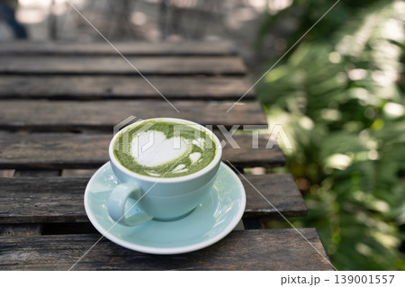 Matcha latte heart, cozy drinking in the garden 139001557