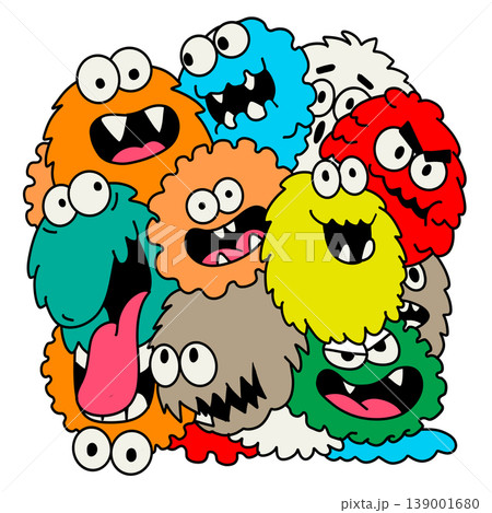 Isolated colorful illustration of separated layered cartoon monster faces with playful Isolated colorful illustration of separated layered cartoon monster faces with playful 139001680