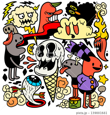 Isolated separated layered colorful cartoon doodle characters with surreal emotional Isolated separated layered colorful cartoon doodle characters with surreal emotional 139001681