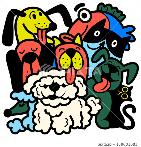 Isolated colorful illustration of separated layered cartoon dogs with playful expression 139001683