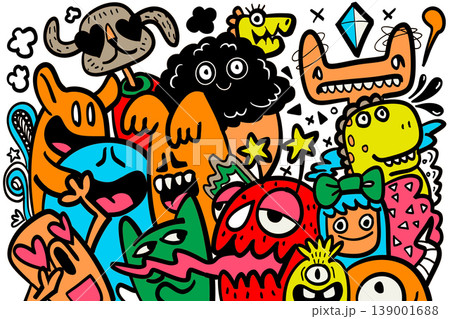 Isolated colorful layered illustration of separated cartoon monsters with playful Isolated colorful layered illustration of separated cartoon monsters with playful 139001688