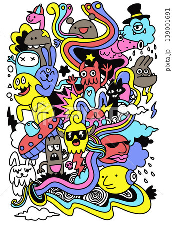 Isolated separated layered colorful doodle cartoon characters with happy emotional 139001691