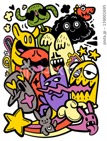 Isolated separated layered colorful cartoon doodle characters with playful emotional 139001695