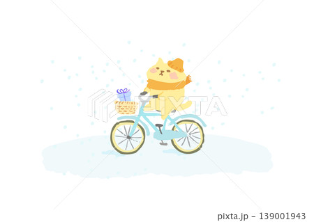 冬　自転車に乗っているかわいい猫　手描きイラスト素材 139001943