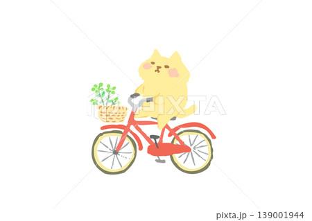 自転車に乗って楽しむかわいい猫　手描きイラスト素材 139001944