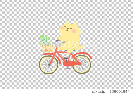 自転車に乗って楽しむかわいい猫　手描きイラスト素材 139001944