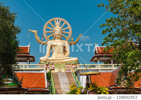 Large golden Buddha statue at Wat Plai Laem temple Koh Samui Thailand 139002952