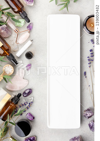 Flat Lay Natural Spa Background with White Tray and Wellness Products 139003482