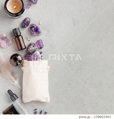 Aromatherapy and Crystal Healing Flat Lay with Candle and Lavender 139003491
