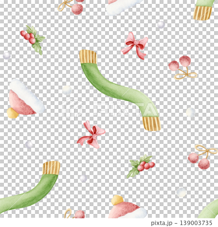 Cozy winter clothes watercolor seamless pattern on white. Green scarf, red Santa hat and pompoms simple repeat background. Christmas hand drawn backdrop in traditional colors and cartoon style 139003735
