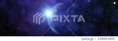 Captivating space panorama: sunrise over an unknown blue planet against the backdrop of a galaxy and starry nebula 139003991