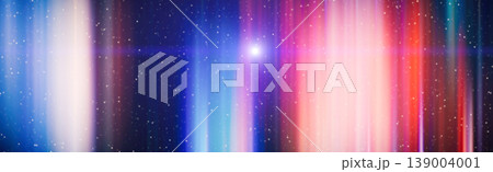 Panoramic abstract space background. Glowing vertical neon light streaks, shining stars and central lens flare. 139004001