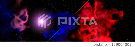 Panoramic deep space background. Vibrant red and blue nebula clouds with bright glowing central star. Panoramic deep space background. Vibrant red and blue nebula clouds with bright glowing central star. 139004002