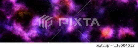 Panoramic abstract space background with vibrant purple and magenta nebula clouds. 139004012