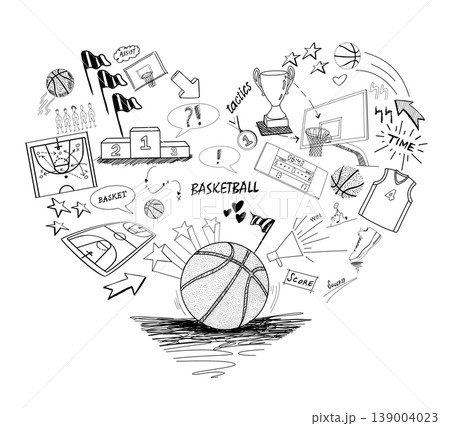 Hand-Drawn Basketball Doodles Forming a Heart Shape 139004023