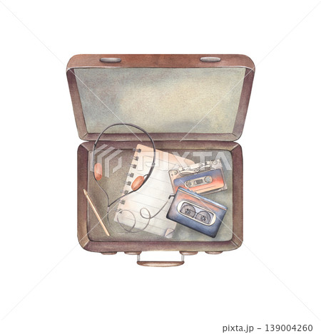 Hand-painted watercolor of open suitcase, cassette player, tape, headphones, notebook, pencil isolated on white for travel, music, songwriting, branding, editorial design, posters, websites, blogging Hand-painted watercolor of open suitcase, cassette player, tape, headphones, notebook, pencil isolated on white for travel, music, songwriting, branding, editorial design, posters, websites, blogging 139004260