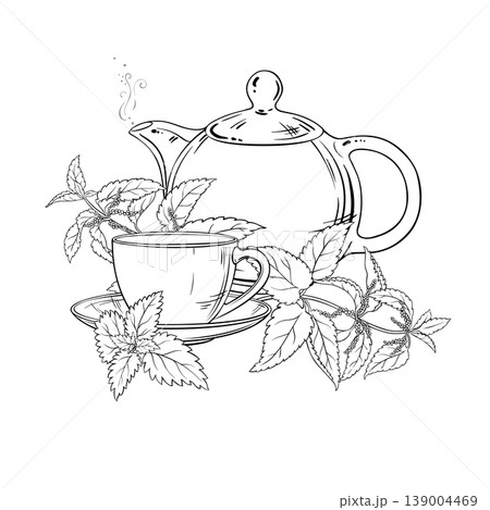 Nettle Tea in Teapot Outline Illustration. 139004469