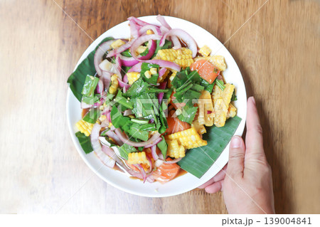 salmon ,culantro and corn salad or fruit and vegetable salad salmon ,culantro and corn salad or fruit and vegetable salad 139004841
