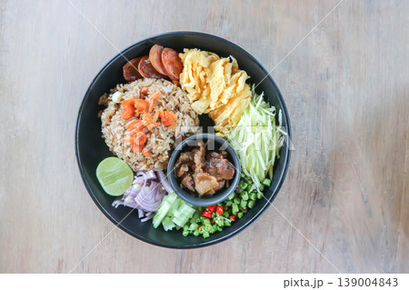 shrimp paste rice, fried rice or stir fried rice with egg and vegetable or Thai shrimp paste fried rice or rice mixed with shrimp paste 139004843