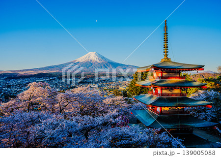 満開の桜と富士山、忠霊塔が織りなす春の絶景（新倉山浅間公園） 139005088