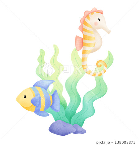 watercolor illustration of seahorse and fish watercolor illustration of seahorse and fish 139005873