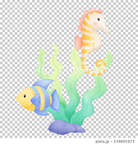 watercolor illustration of seahorse and fish watercolor illustration of seahorse and fish 139005873