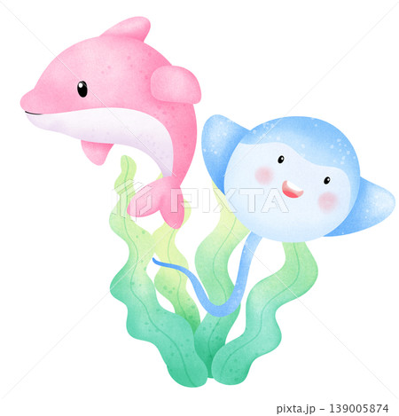 blue stringray and dolphin in a watercolor style blue stringray and dolphin in a watercolor style 139005874