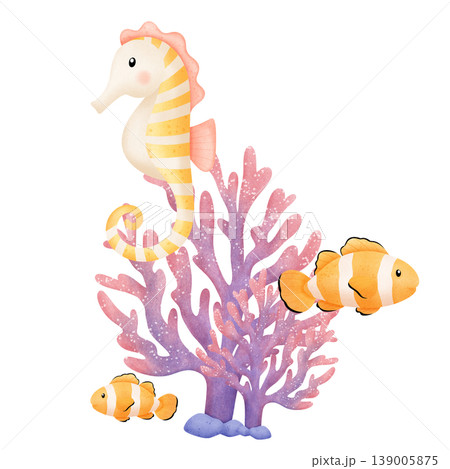 cartoon happy coral underwater world with tropical fish 139005875