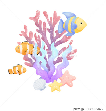 cloral reef scene with fish and starfish cloral reef scene with fish and starfish 139005877