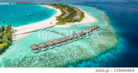 Picturesque Maldives Luxury Overwater Villas Tropical Resort Aerial Landscape Radiant Sky Ocean Beach Island Shore Paradise 139006604
