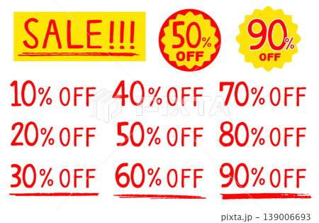 手書きの割引率OFFラベル素材セット。10%〜90%OFFのセールシール。白背景。 139006693