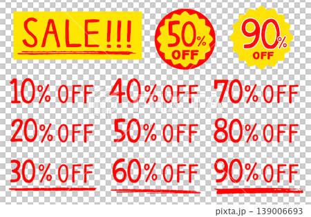 手書きの割引率OFFラベル素材セット。10%〜90%OFFのセールシール。白背景。 139006693