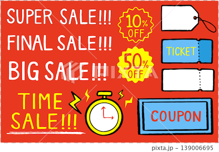Hand-drawn promotional materials. Includes illustrations of time sales, super sales, final sales, big sales, coupons, and clocks. 139006695