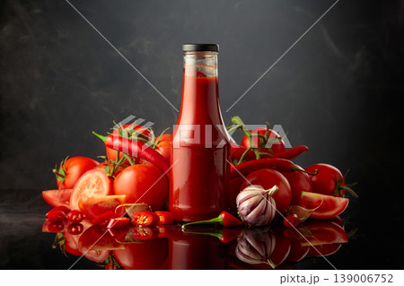 Bottle of tomato sauce with fresh tomatoes, red peppers, and garlic. Bottle of tomato sauce with fresh tomatoes, red peppers, and garlic. 139006752