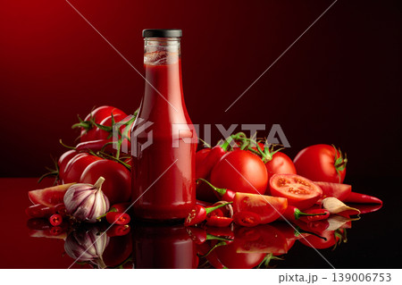 Bottle of tomato sauce with fresh tomatoes, red peppers, and garlic. Bottle of tomato sauce with fresh tomatoes, red peppers, and garlic. 139006753