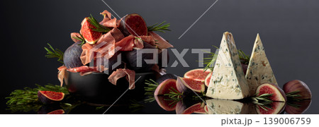 Prosciutto with blue cheese, rosemary, and fig on a black background. Prosciutto with blue cheese, rosemary, and fig on a black background. 139006759