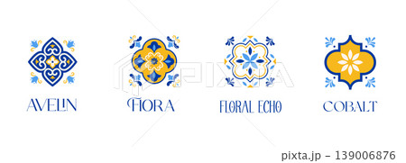 Traditional Azulejo Portuguese tile patterns collection. Ornamental Mediterranean ceramic set 139006876