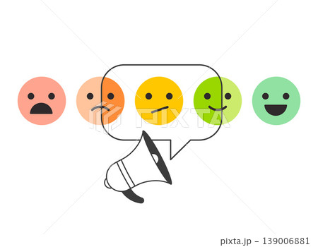 Megaphone with smileys ratings and feedback scale for customer satisfaction survey. Colorful vector Megaphone with smileys ratings and feedback scale for customer satisfaction survey. Colorful vector 139006881