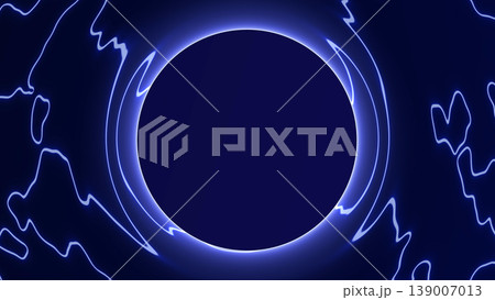 Electric blue ring with glowing liquid contours and high contrast light on a dark background. Futuristic circular frame with energetic portal aesthetics. Electric blue ring with glowing liquid contours and high contrast light on a dark background. Futuristic circular frame with energetic portal aesthetics. 139007013