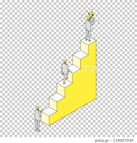 階段を登りトロフィーを掲げるビジネスマンのアイソメトリック線画イラスト 階段を登りトロフィーを掲げるビジネスマンのアイソメトリック線画イラスト 139007040