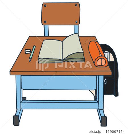 シンプルで可愛い学校の椅子と机と文房具やランドセルのイラスト シンプルで可愛い学校の椅子と机と文房具やランドセルのイラスト 139007154