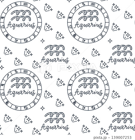 Repeating pattern of the Aquarius zodiac sign with astrological symbols and stars, featuring the word Aquarius on a clean white background Repeating pattern of the Aquarius zodiac sign with astrological symbols and stars, featuring the word Aquarius on a clean white background 139007253